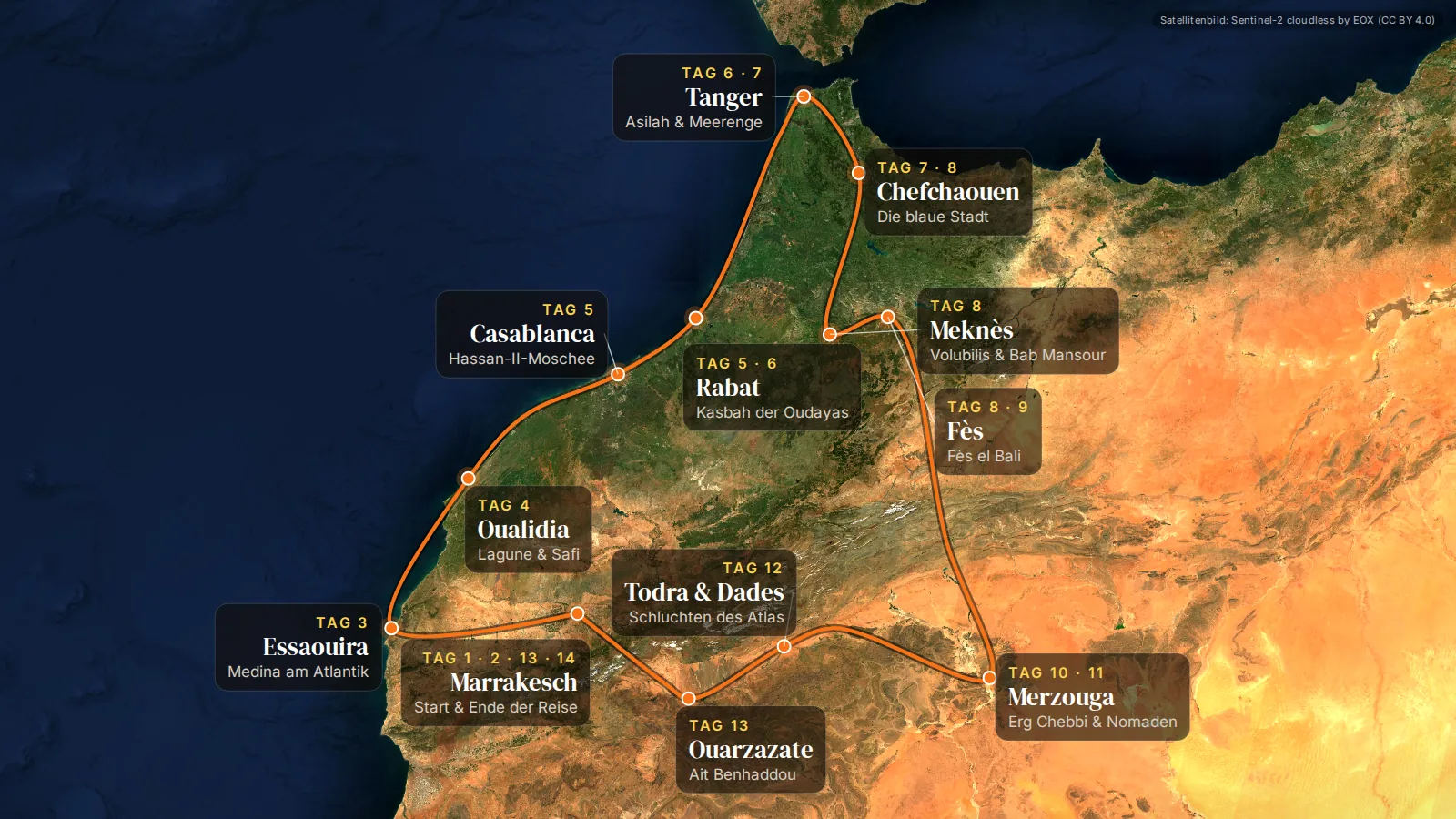 Satelliten-Routenkarte der 14 Tage Grosse Marokko Tour ab Marrakesch