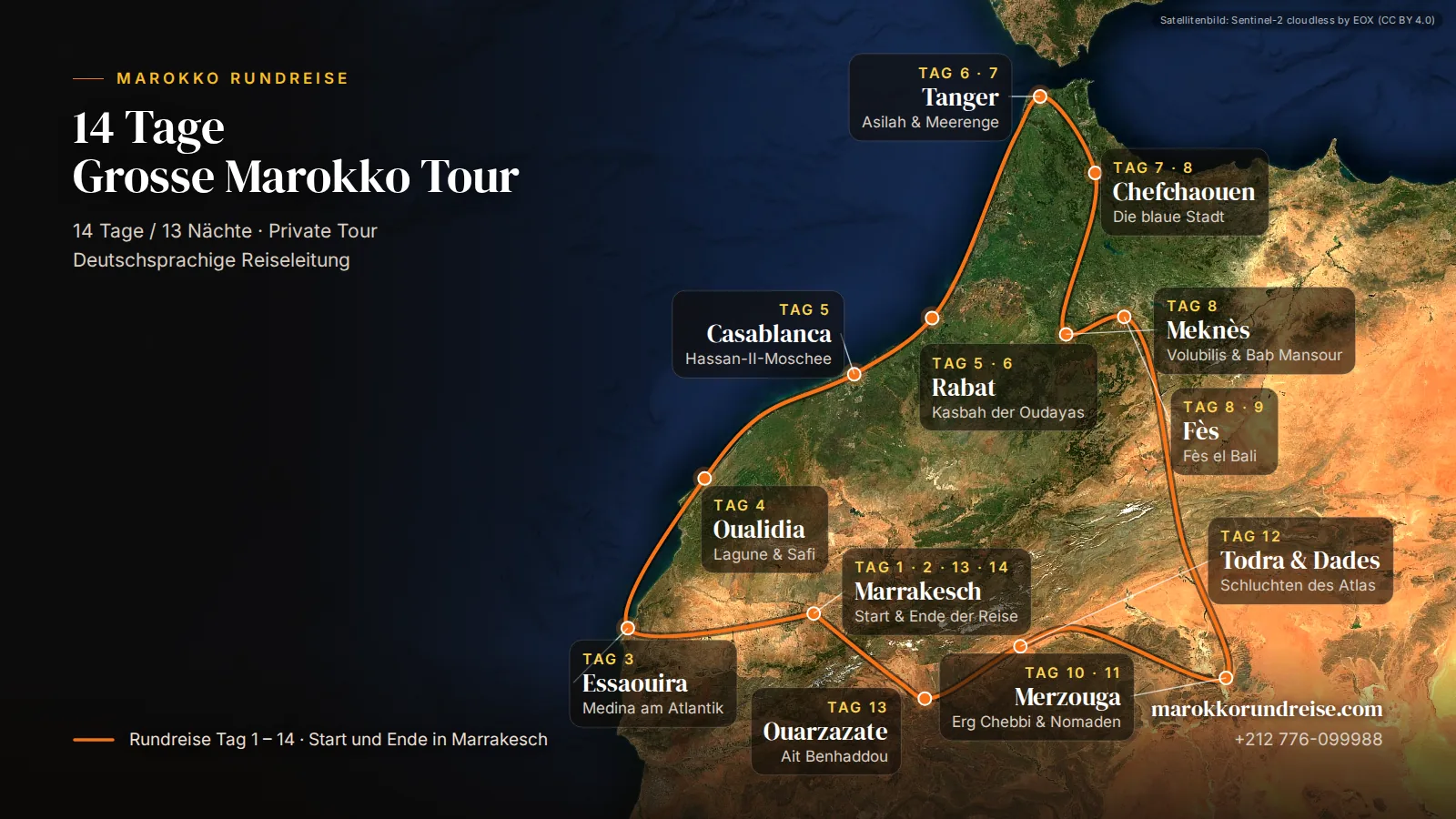 Satelliten-Routenkarte der 14 Tage Grosse Marokko Tour: Rundreise ab Marrakesch über Essaouira, Casablanca, Tanger, Chefchaouen, Fès und Merzouga
